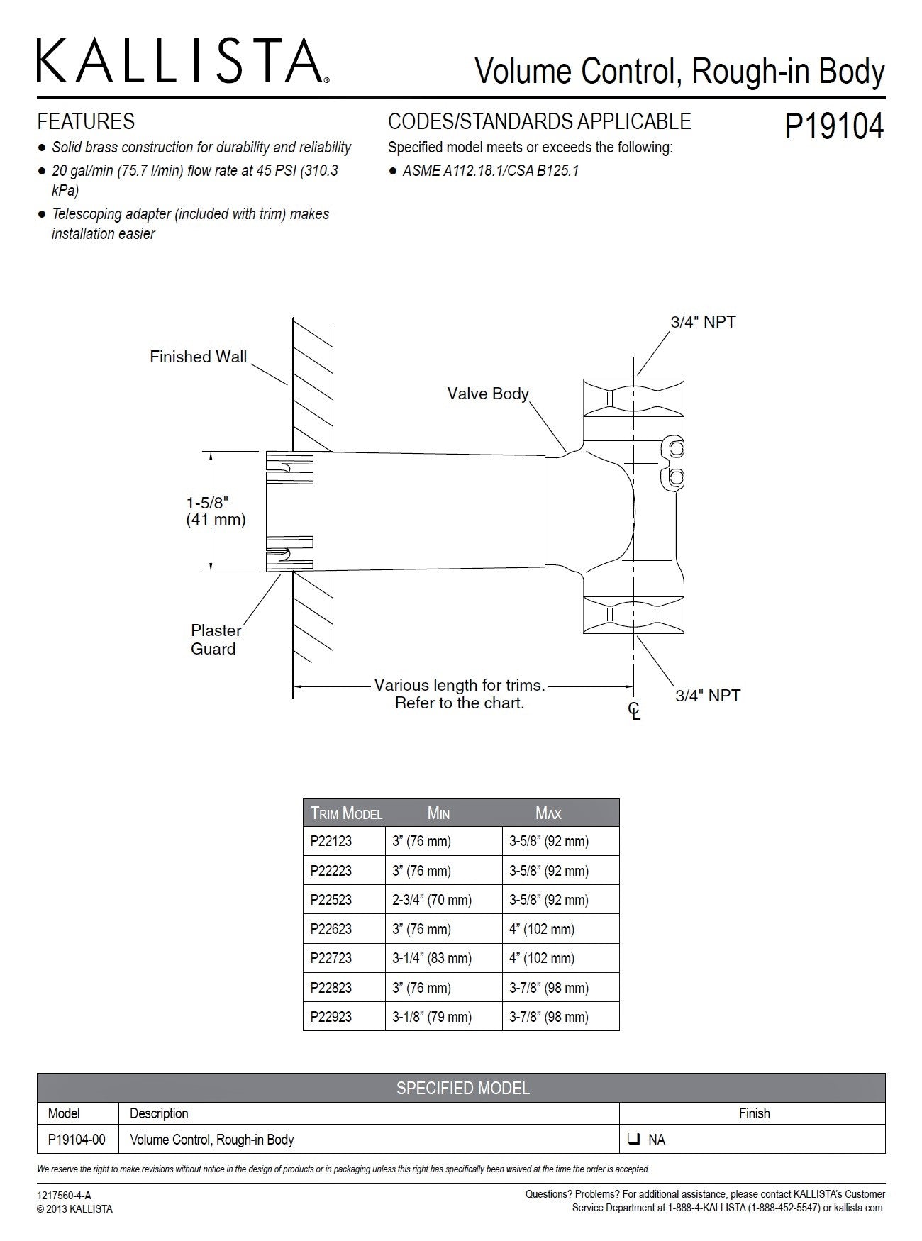 Kallista P19104-00-NA 3/4" NPT Volume Control Rough-in Body