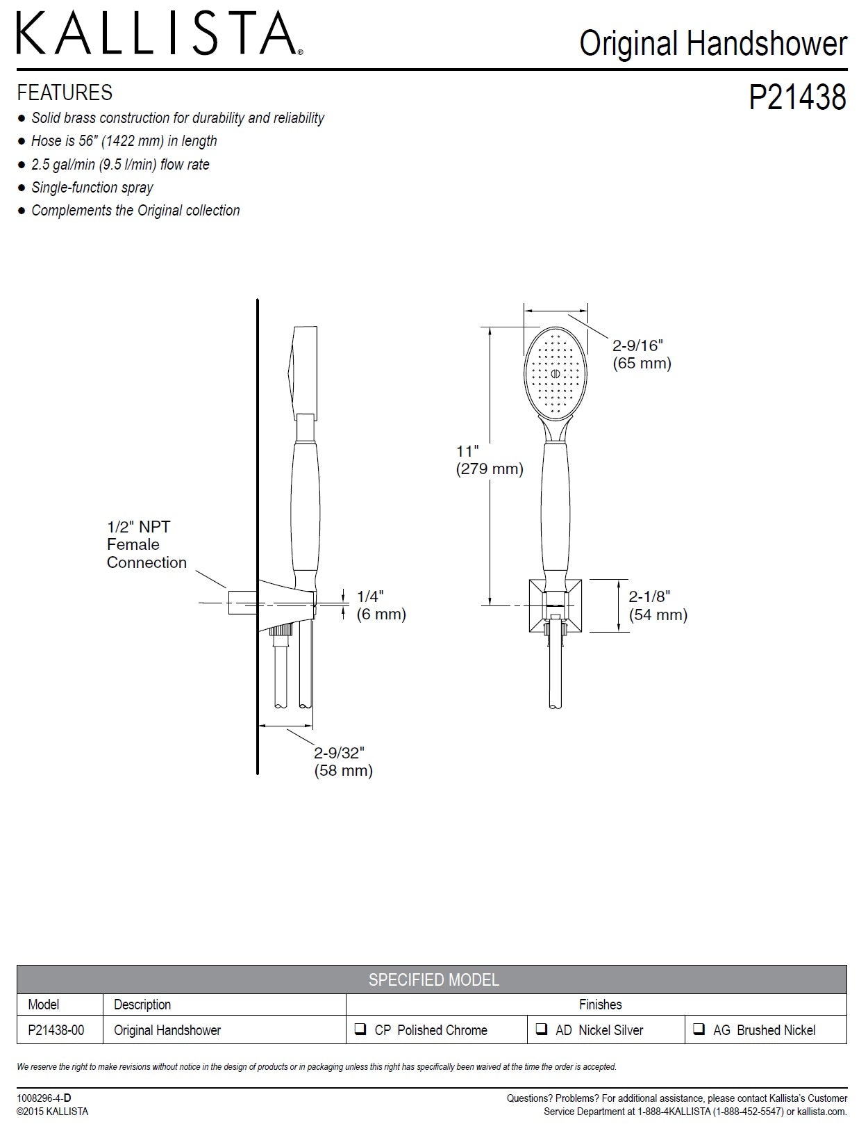 KALLISTA Glamour by Barbara Barry P21538-00-CP handshower w/2M metal shower hose