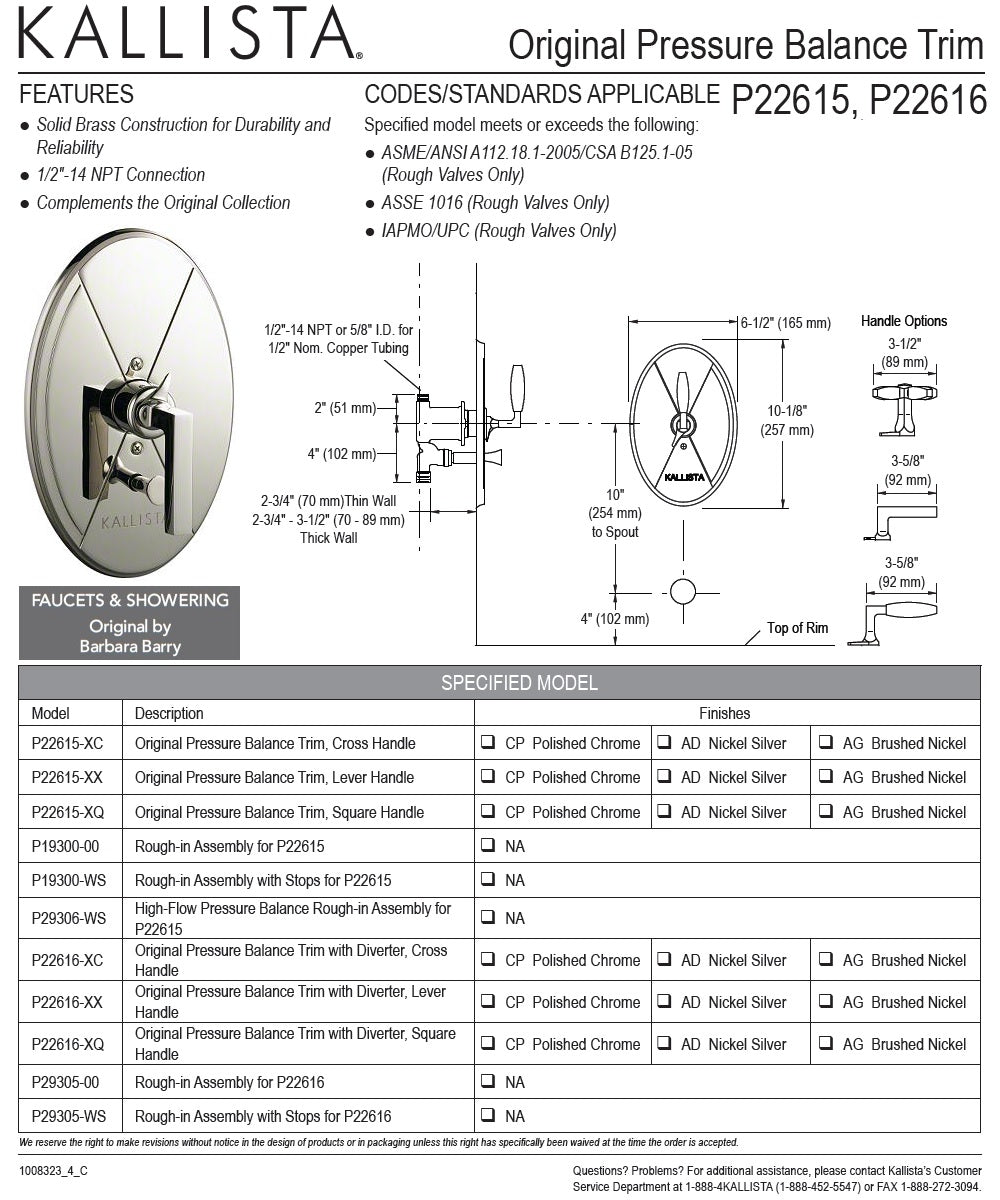 Kallista Barbara Barry P22616-XQ-CP WM P.B Valve Trim w/Diverter & Square Handle