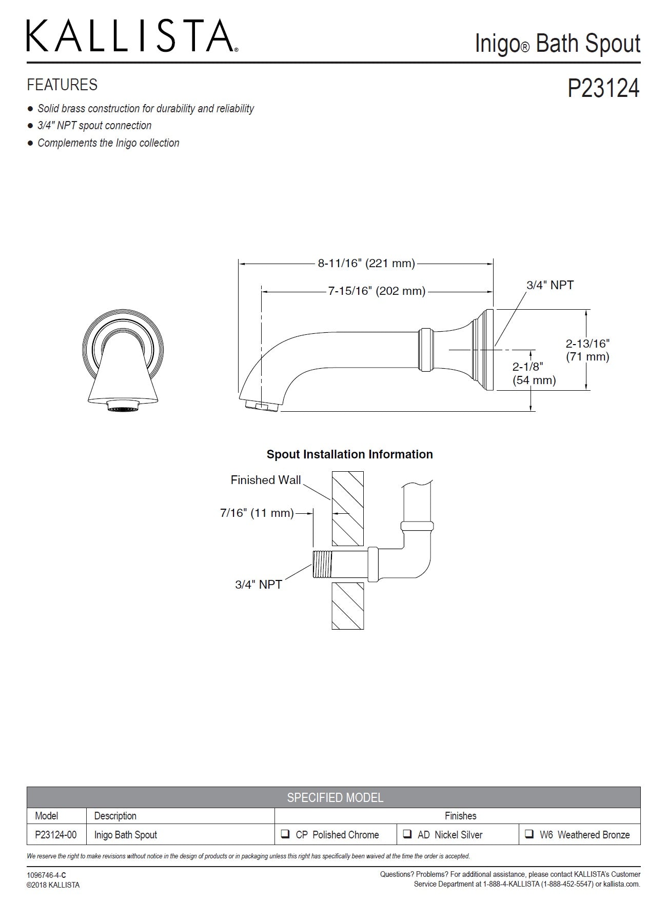 Kallista Inigo by Michael S Smith P23124-00-CP Wall-Mount Bath Spout 221mm