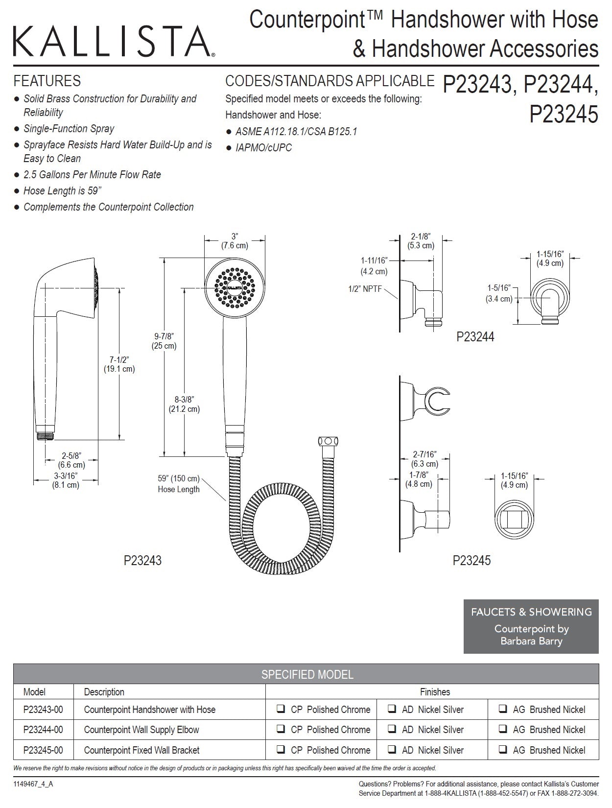 Kallista Counterpoint by Barbara Barry P23243-00-AG Handshower w/59" Shower Hose in Brushed Nickel