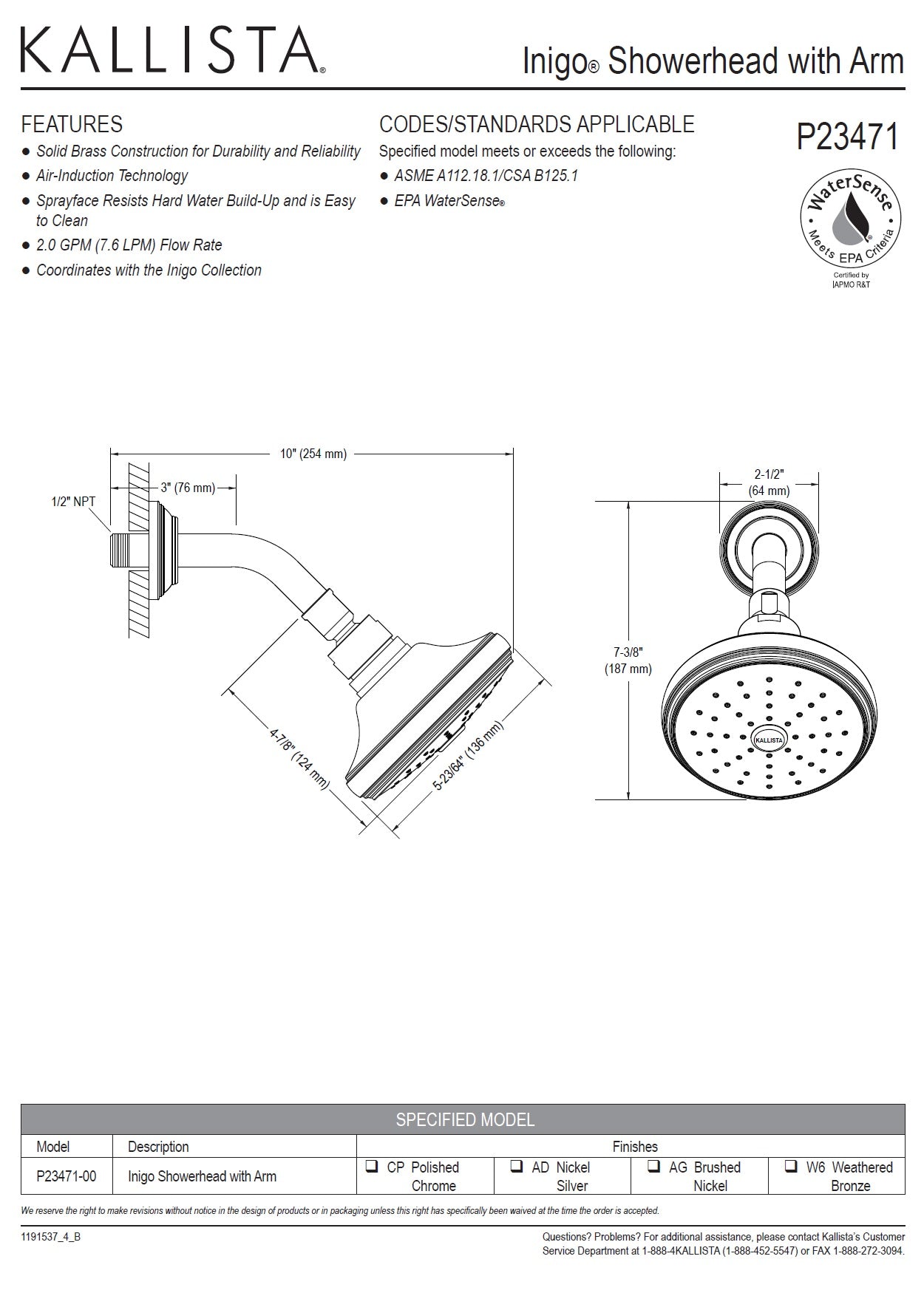 Kallista INIGO by Michael S Smith P23471-00-CP Air-Induced 2.0GPM Showerhead w/Arm