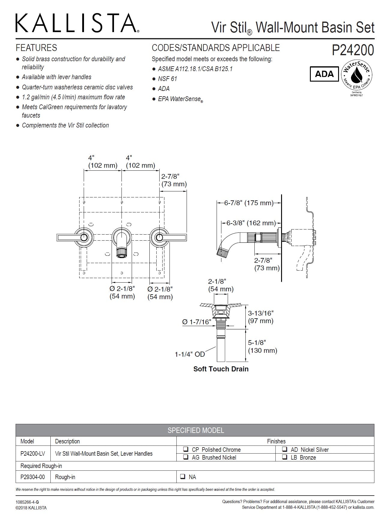 Kallista VIR STIL P24200-LV-AG Lever Handles Sink Faucet w/Soft Touch Drain