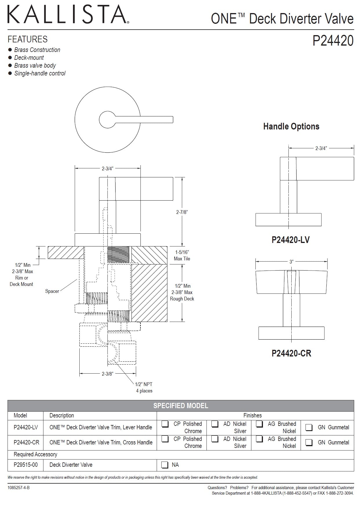 Kallista "One" P24420-CR-AD Cross Handle Diverter w/P29515-00-NA Diverter Valve