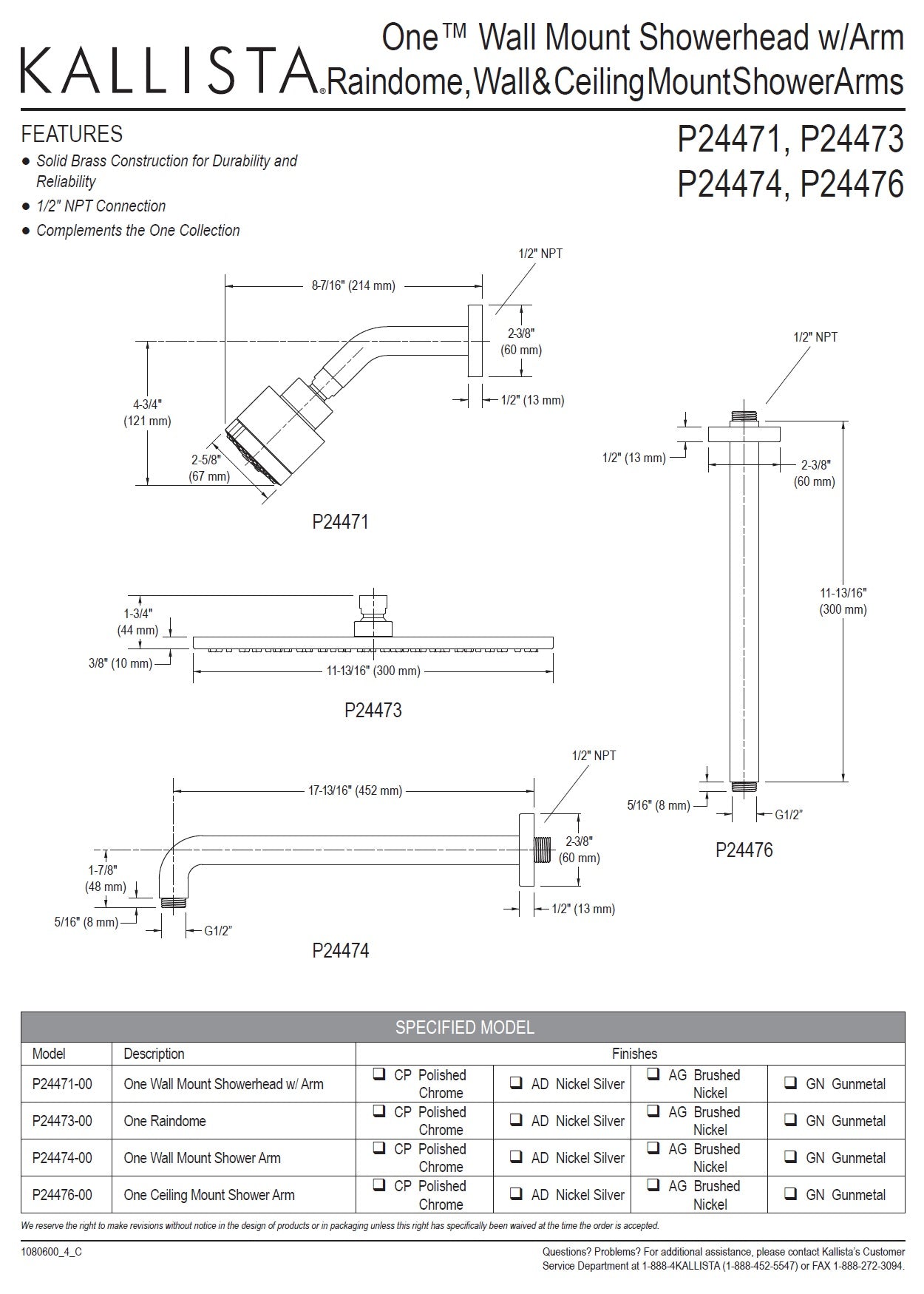 Kallista "One" P24476-00-CP Ceiling-Mount 11-13/16" Raindome Arm 1/2" NPT