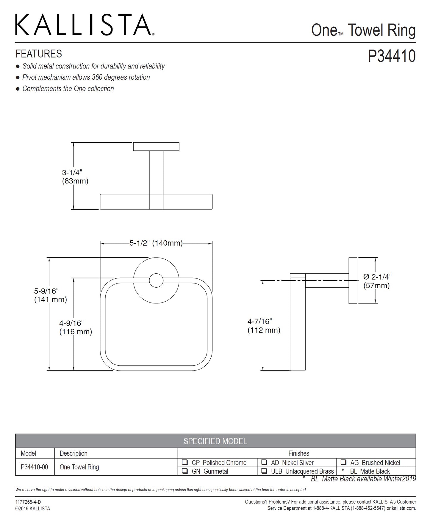 Kallista One™ P34410-00-AD Towel Ring 360° rotation in Nickel Silver Finish