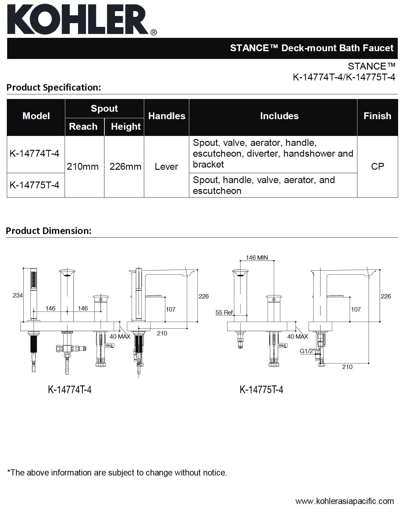 Kohler Stance® K-14775T-4-CP Single Control D.M Bath Faucet w/Lever Handle