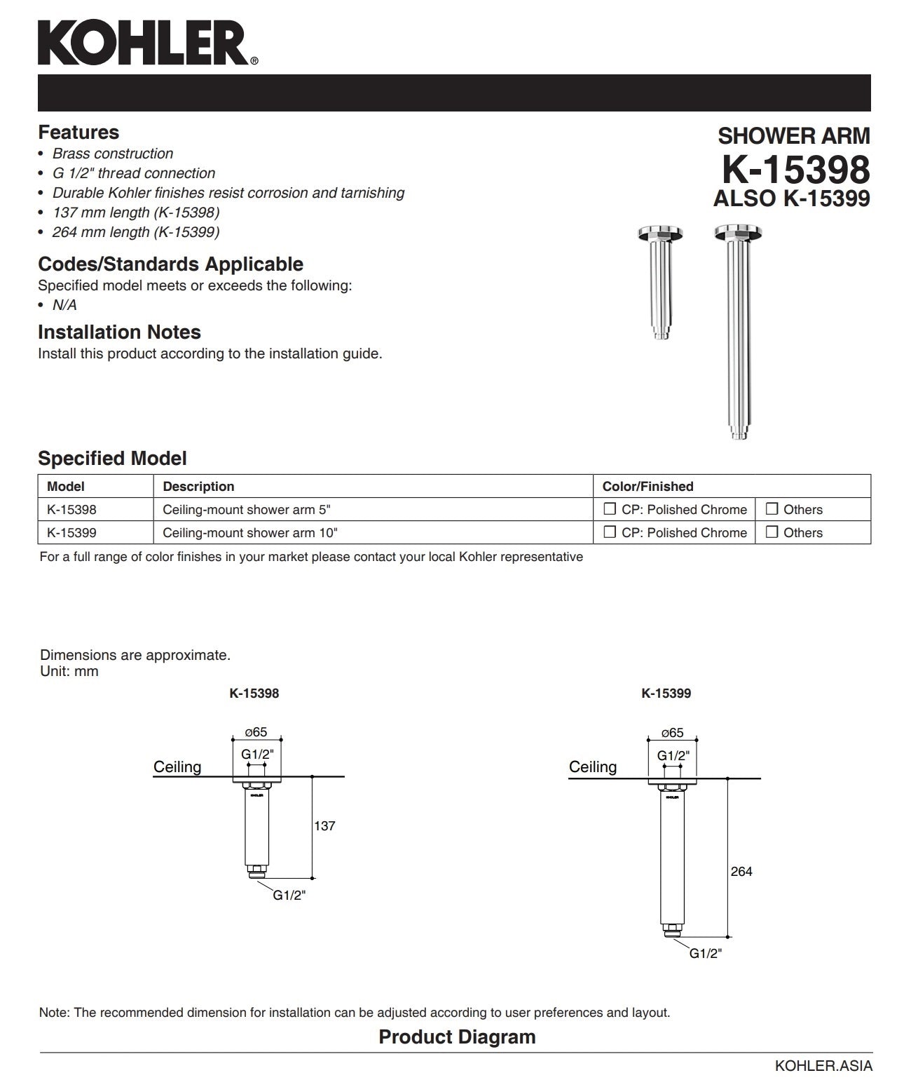 Kohler Katalyst Air K-15398T-SN Ceiling-Mount Shower Arm 5" w/Flange