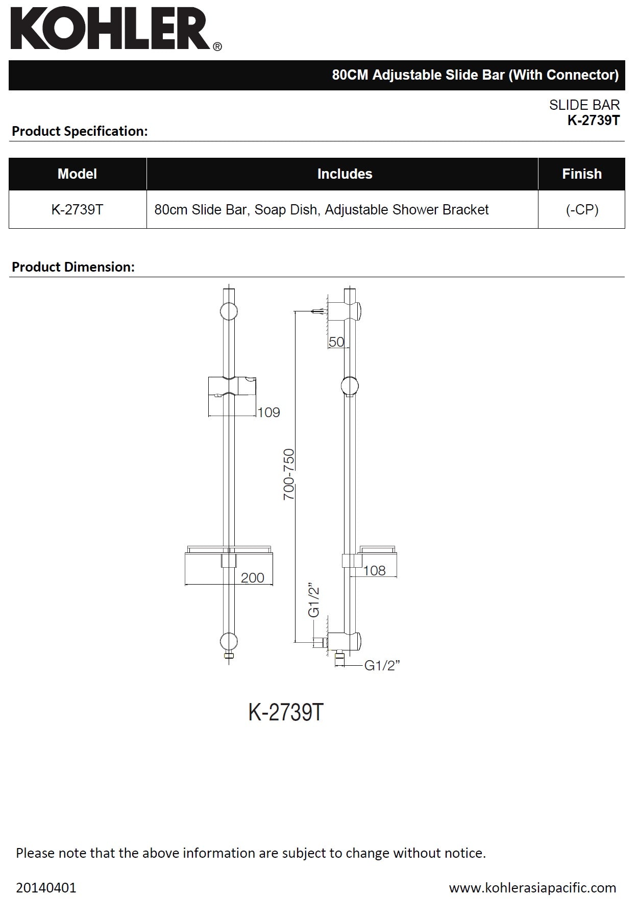 Kohler K-2739T-CP adjustable shower slide bar 800mm +water supply & soap dish