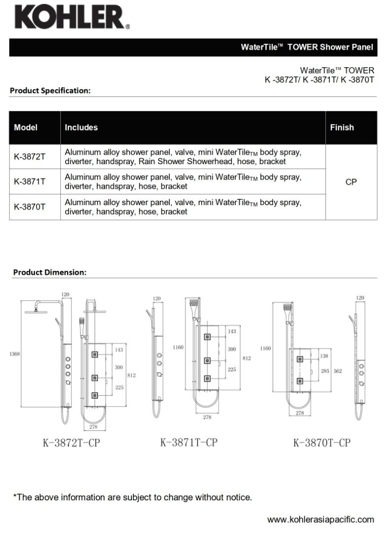 KOHLER WaterTile® K-3872T-CP Tower Shower Panel