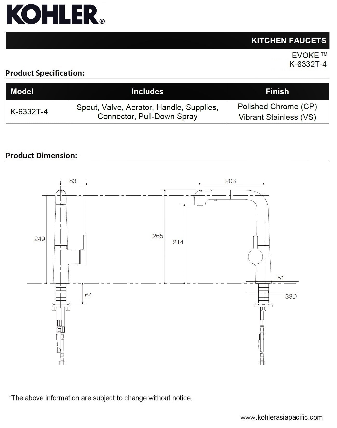 Kohler Evoke K-6332T-4-CP Single Hole Kitchen Faucet w/Pull-Down Spray