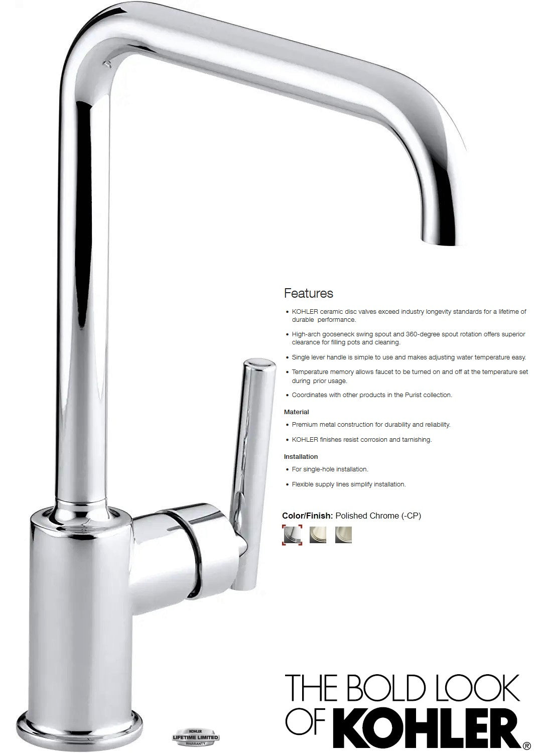 Kohler Purist K-7507T-B4-CP single hole primary swing spout kitchen faucet