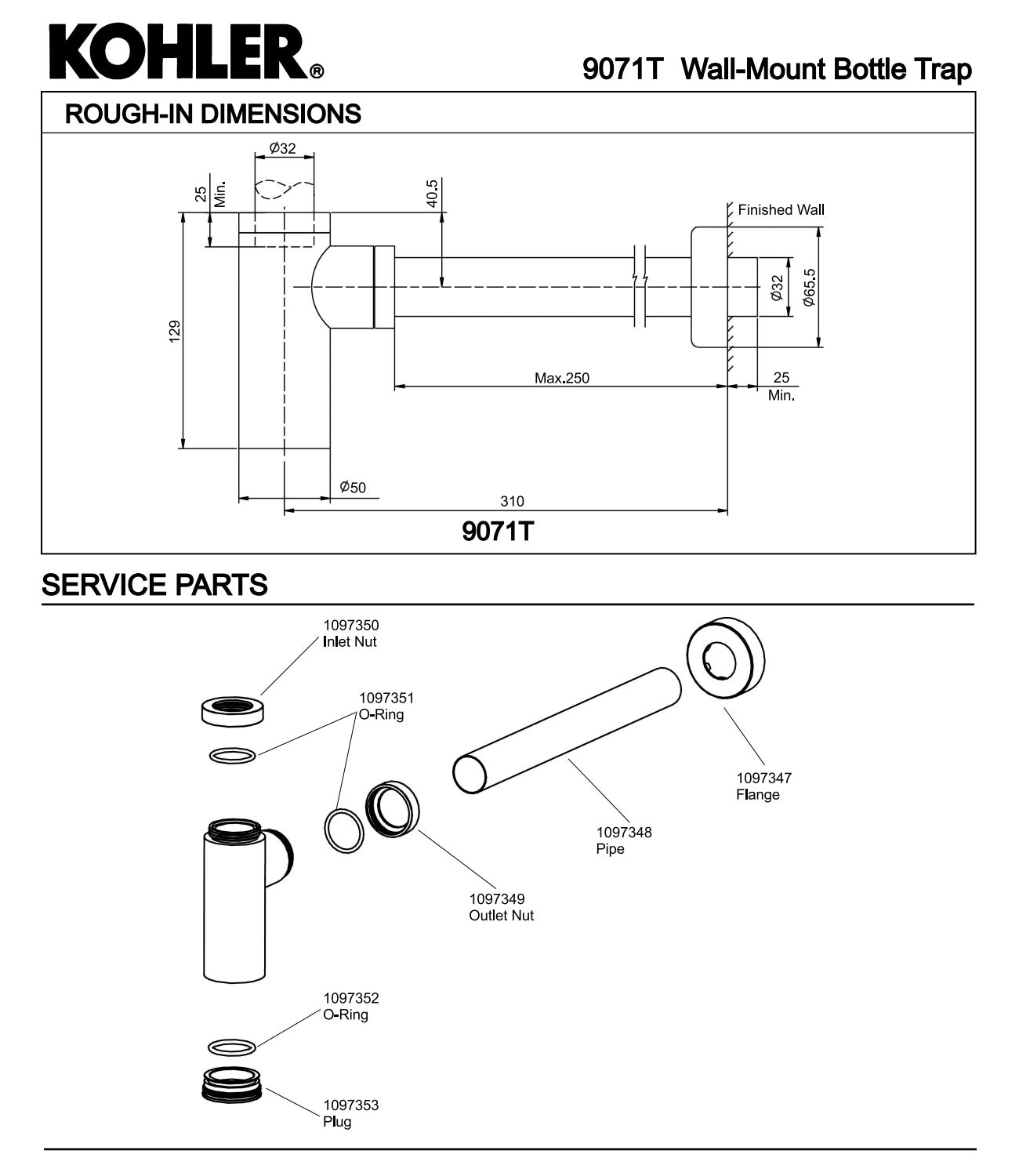 Kohler K-9071T-CP 1-1/4"(~32mm) Contemporary Round Wall Mount Bottle Trap