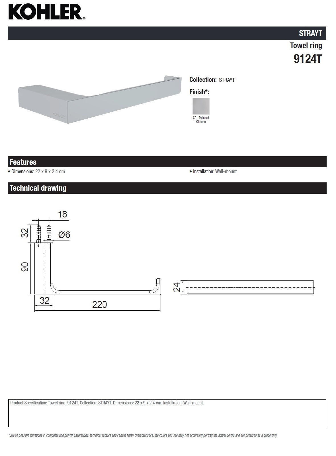 Kohler Strayt K-9124T-CP W.M Towel Ring Size:220x90x24mm