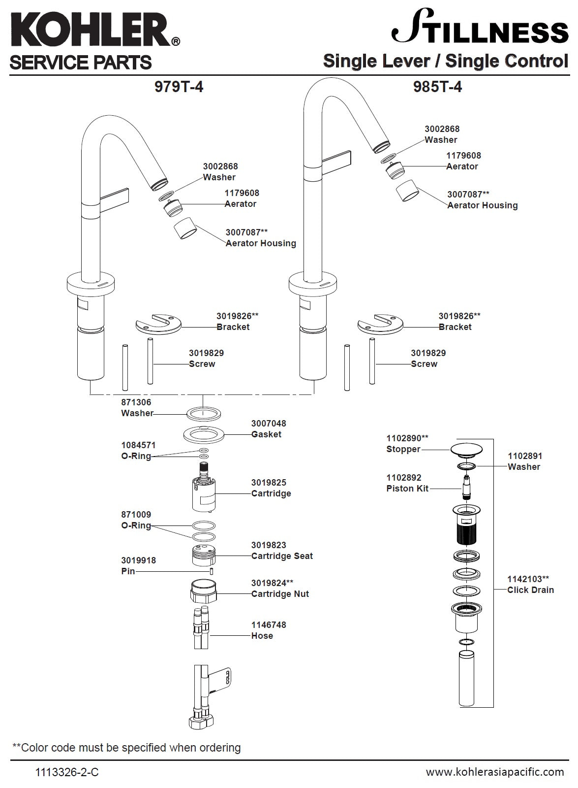 Kohler Stillness K-979T-4-CP Single lever lavatory faucet w/Touch-activated drain