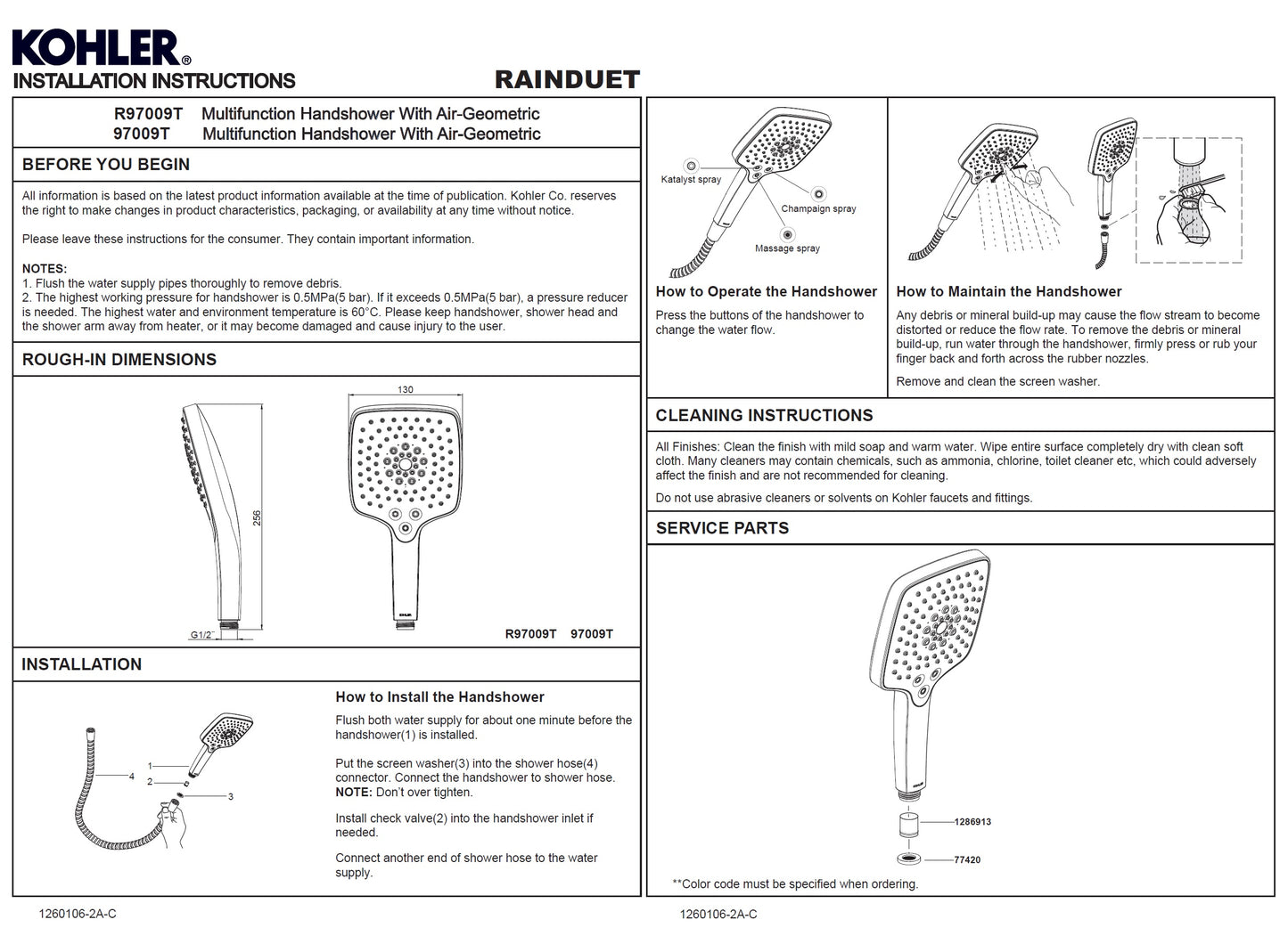 Kohler Rain Duet R97009T-CP Katalyst Air 3-way push-button handshower 130mm