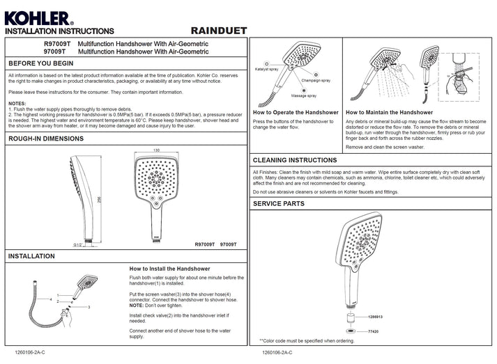 Kohler Rain Duet R97009TCP Katalyst Air 3way pushbutton handshower