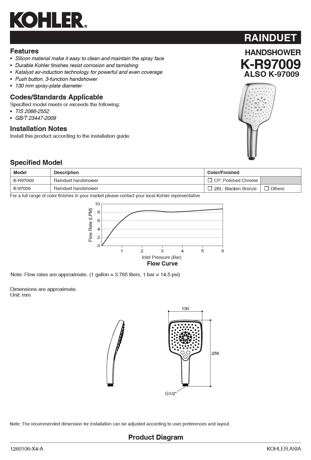 Kohler Rain Duet R97009T-CP Katalyst Air 3-way push-button handshower 130mm