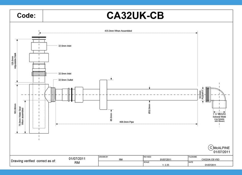 McAlpine CA32UK-CB CP 1¼" x 75mm Brass Basin Kit w/Cylindrical Bottle Trap