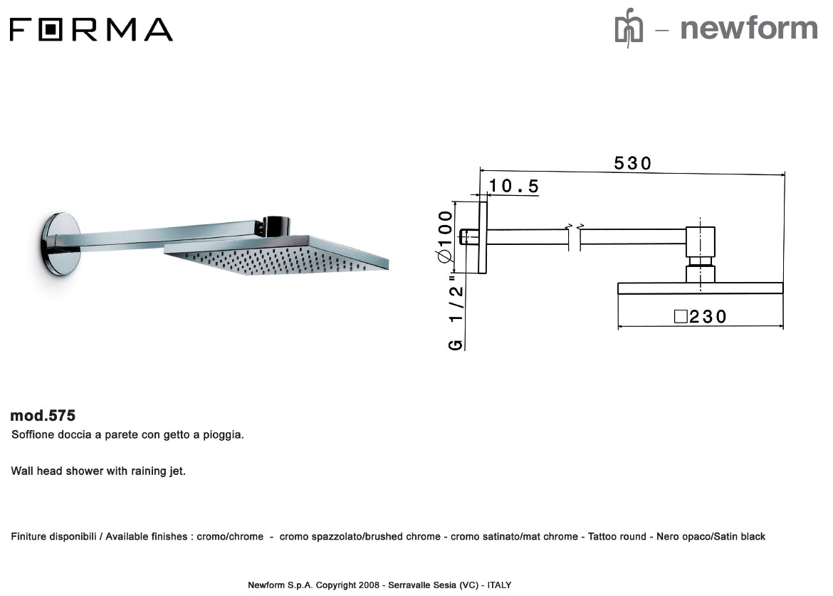 Newform "Forma" 575 W.M Raining Jet Shower Head 230mm w/Shower Arm