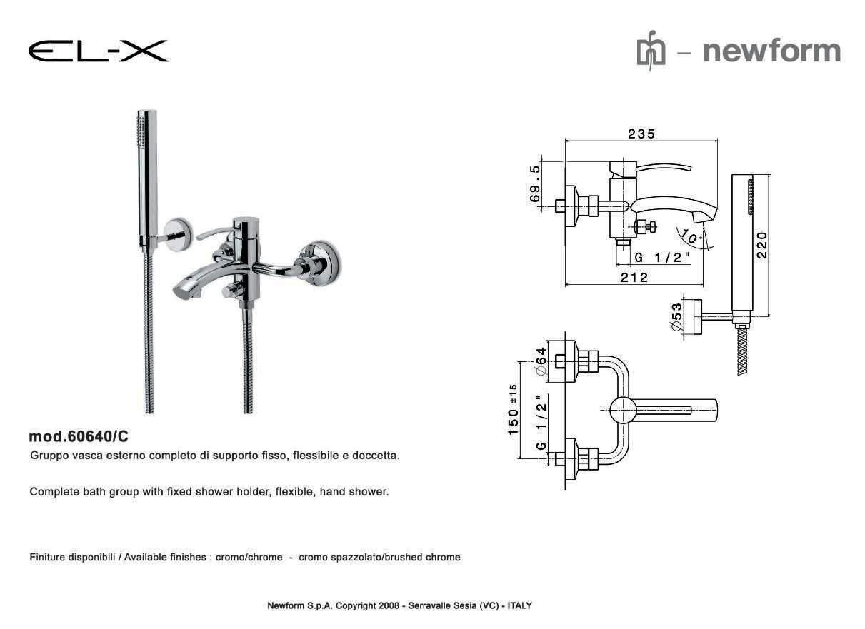 Newform EL-X 60640C W.M Single Lever Bath & Shower Mixer w/HandShower+Hose