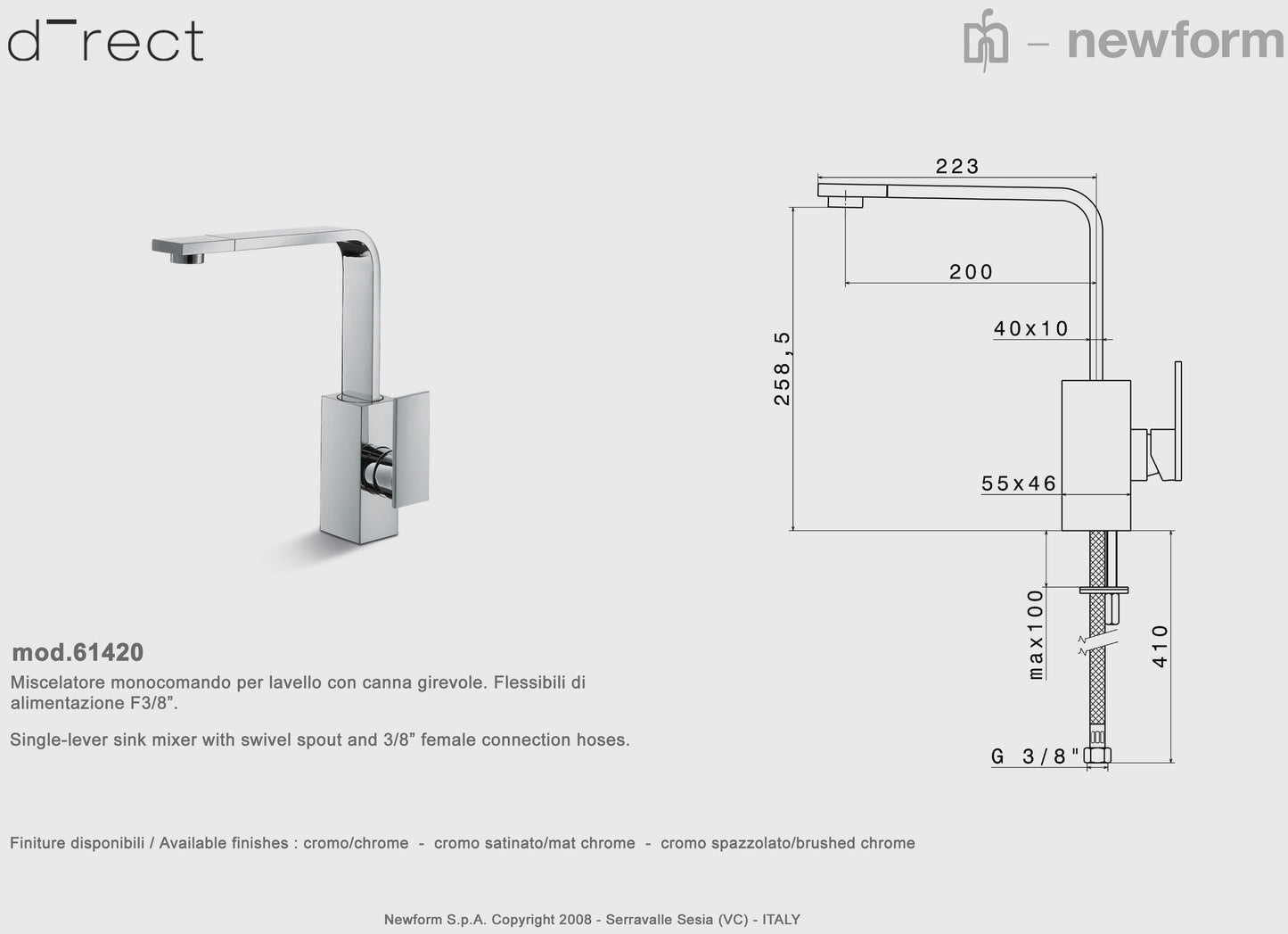 Newform "d-Rect Collection" 61420 Kitchen Sink Mixer w/Swivel Spout