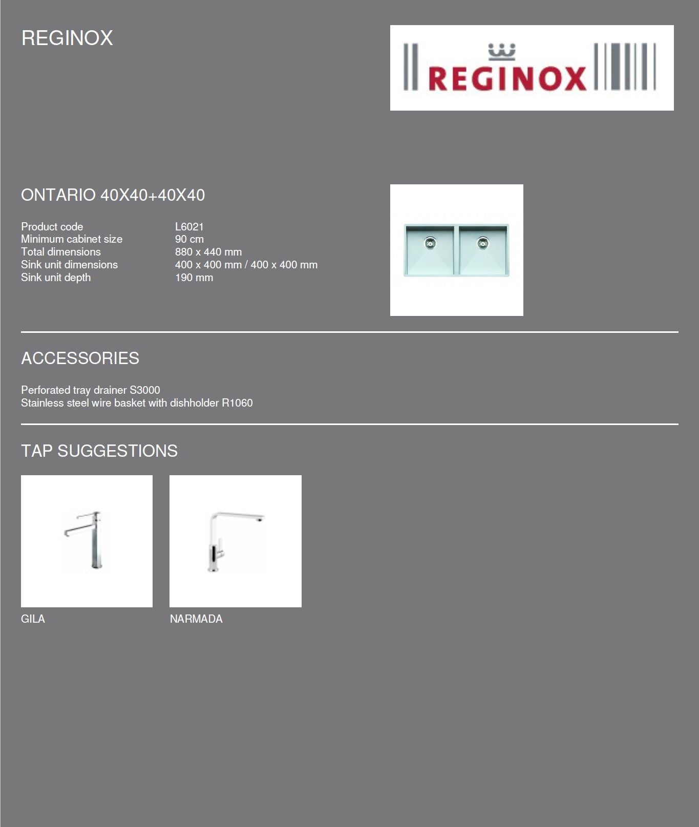 Reginox Ontario L6021 40X40+40X40 S.S Integrated Kitchen Sink w/Drainer