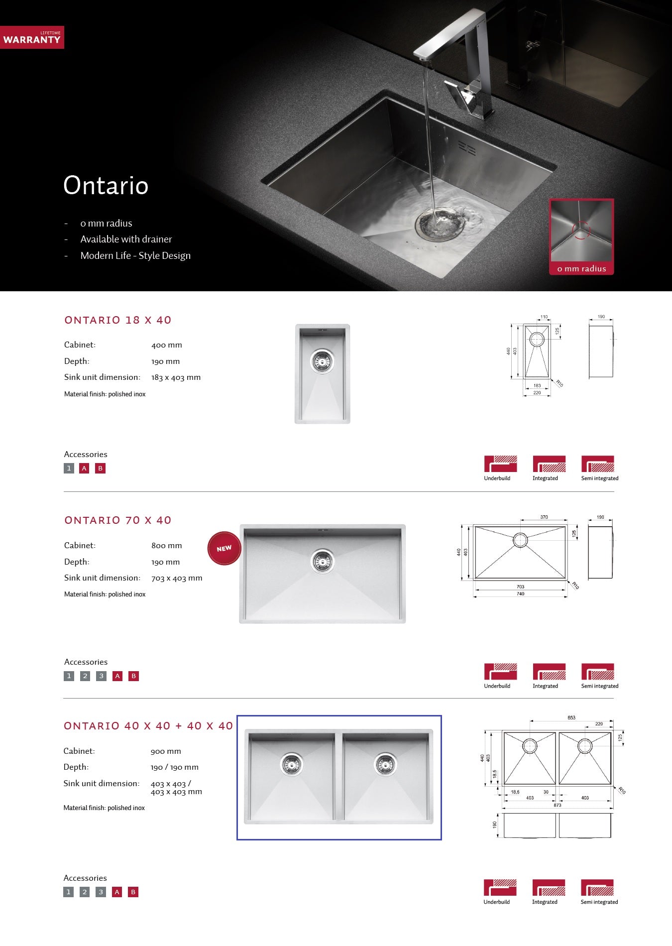 Reginox Ontario L6021 40X40+40X40 S.S Integrated Kitchen Sink w/Drainer