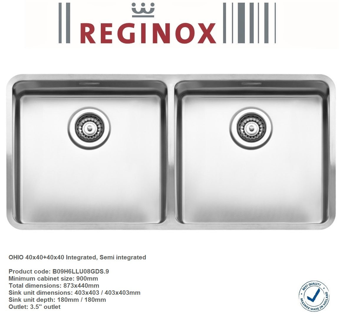 Reginox Ohio B09H6LLU08GDS.9 40X40+40X40 S.S Integrated Kitchen Sink w/Drainer