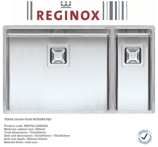 Reginox Texas B09T9LLU08GDS 50X40+18X40 S.S Integrated Kitchen Sink w/waste kit