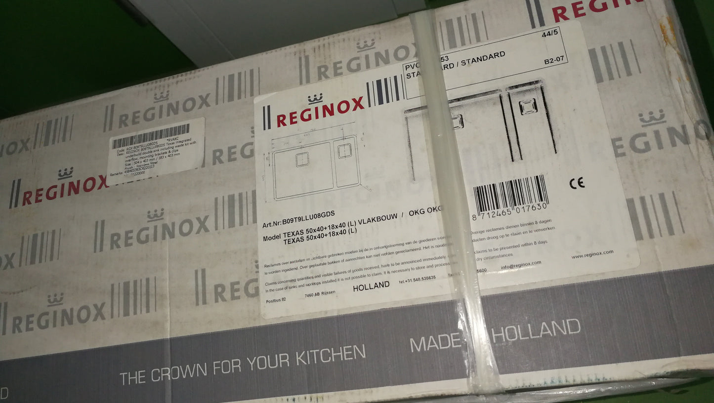 Reginox Texas B09T9LLU08GDS 50X40+18X40 S.S Integrated Kitchen Sink w/waste kit