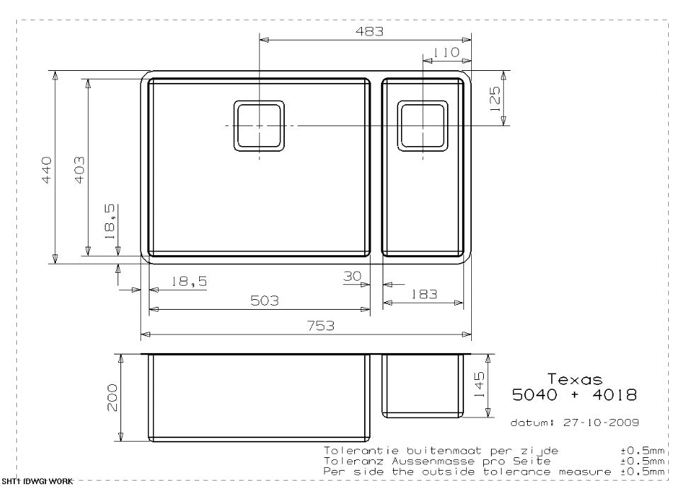 Reginox Texas B09T9LLU08GDS 50X40+18X40 S.S Integrated Kitchen Sink w/waste kit