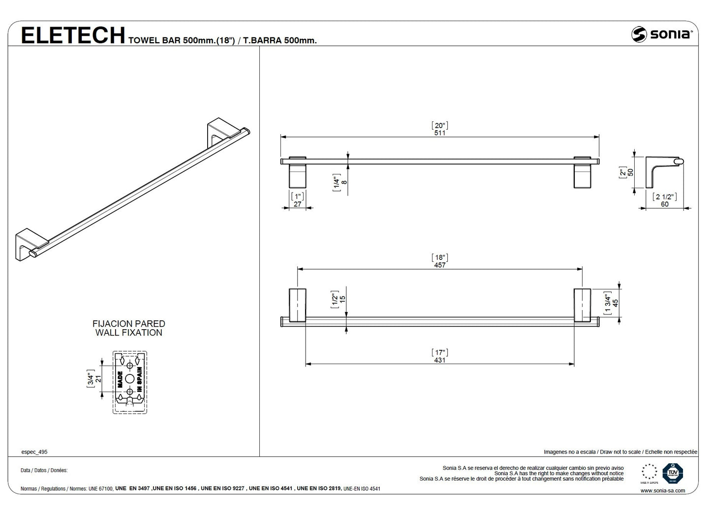 Sonia "Eletech" 113507 Metal Towel Rail w/Fixation Set Size:W515xH50xD60mm