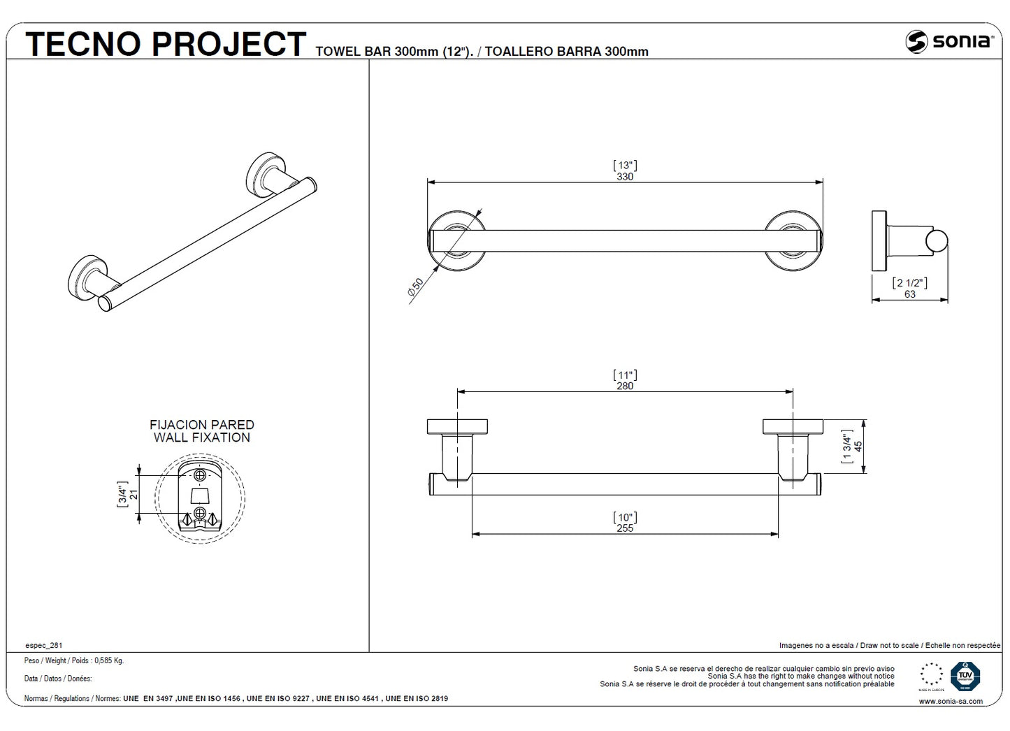 Sonia "Tenco Project" 116799 towel rail 12" w/wall fixation