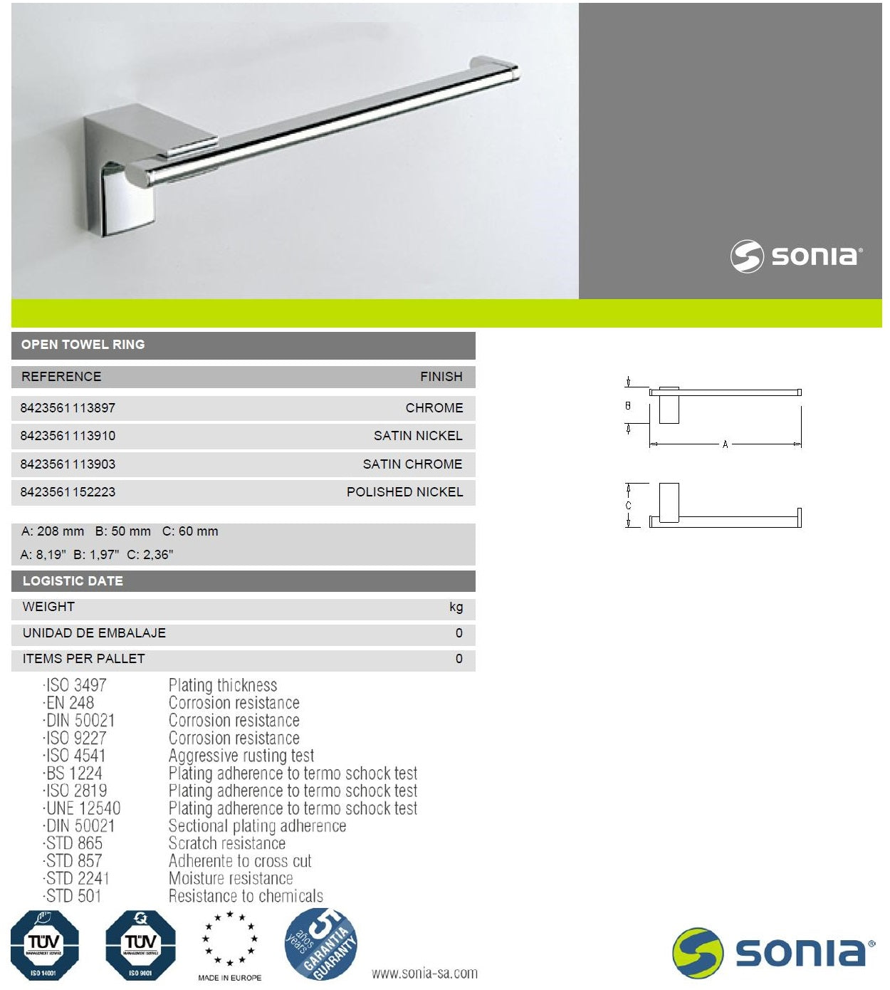 Sonia Eletech 120680 Metal Towel Ring Open 208Wx50Hx60mmD