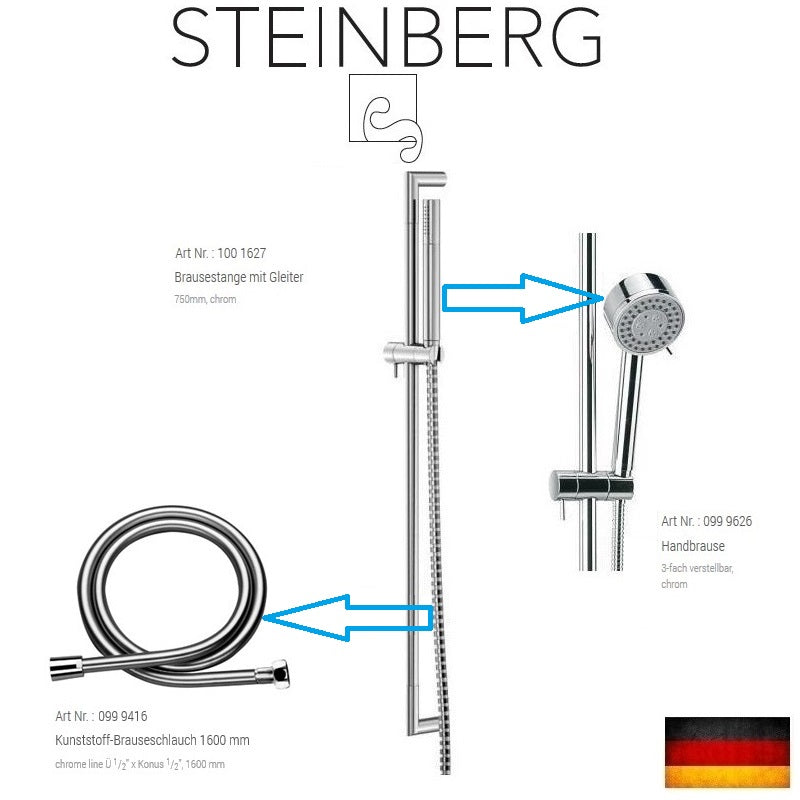 Steinberg 1001627 metal shower rail w/hand shower & shower hose 1600mm