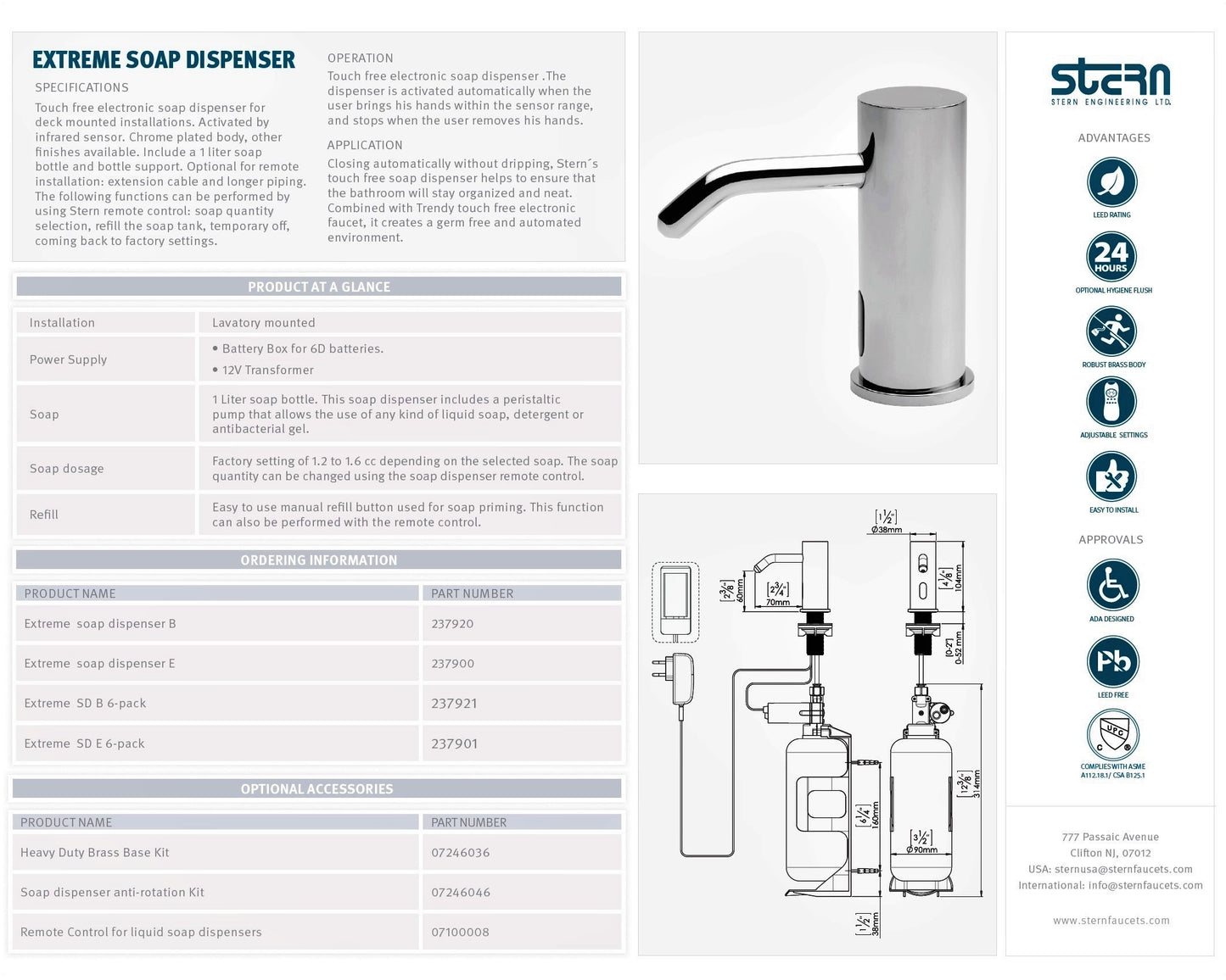 Stern Extreme 237900 Deck-Mounted Touch Free Electronic Soap Dispenser 12V