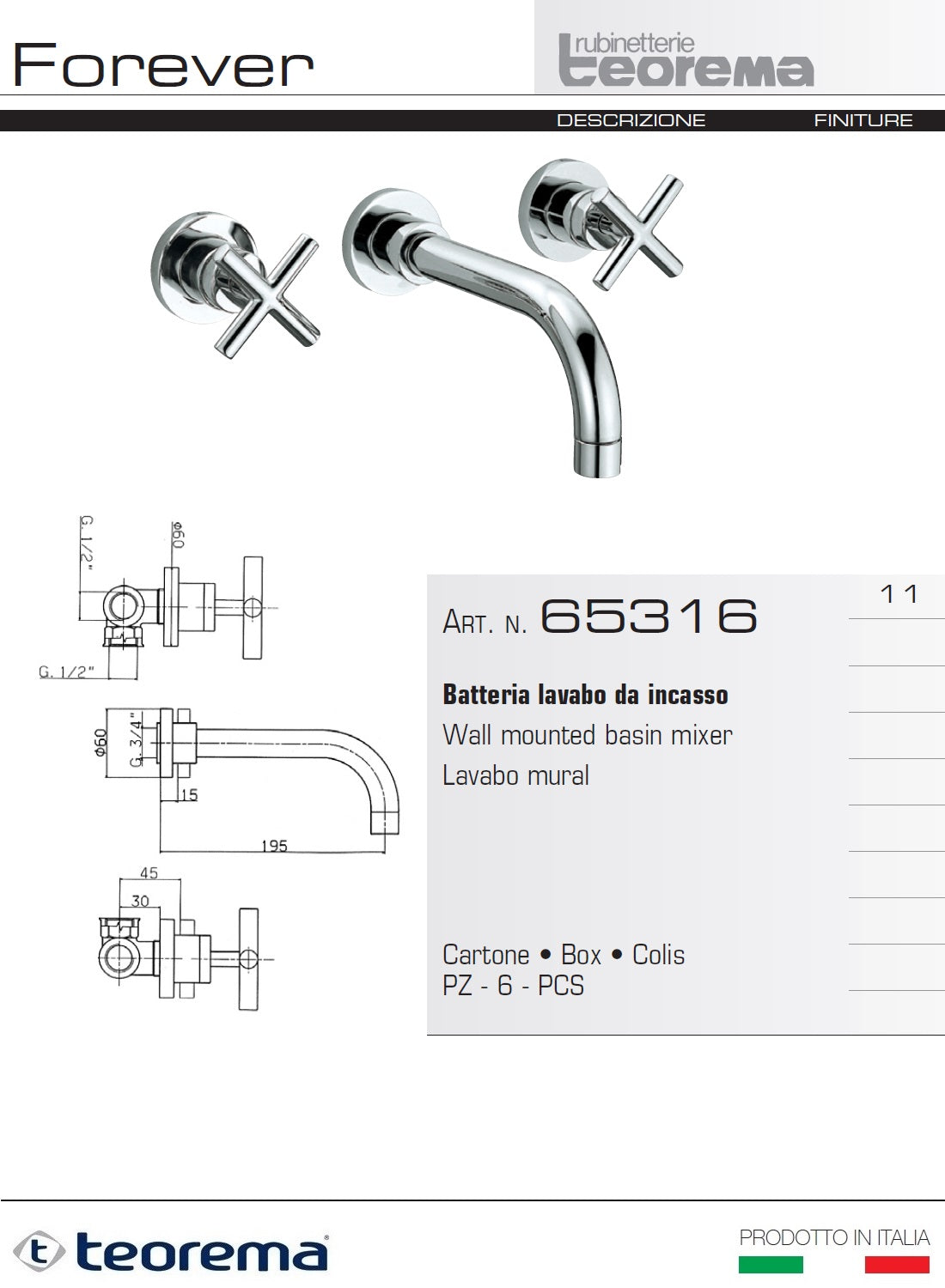 Teorema "Forever Collection" 6531611 Two-Cross Handles Wall Mounted Basin Mixer