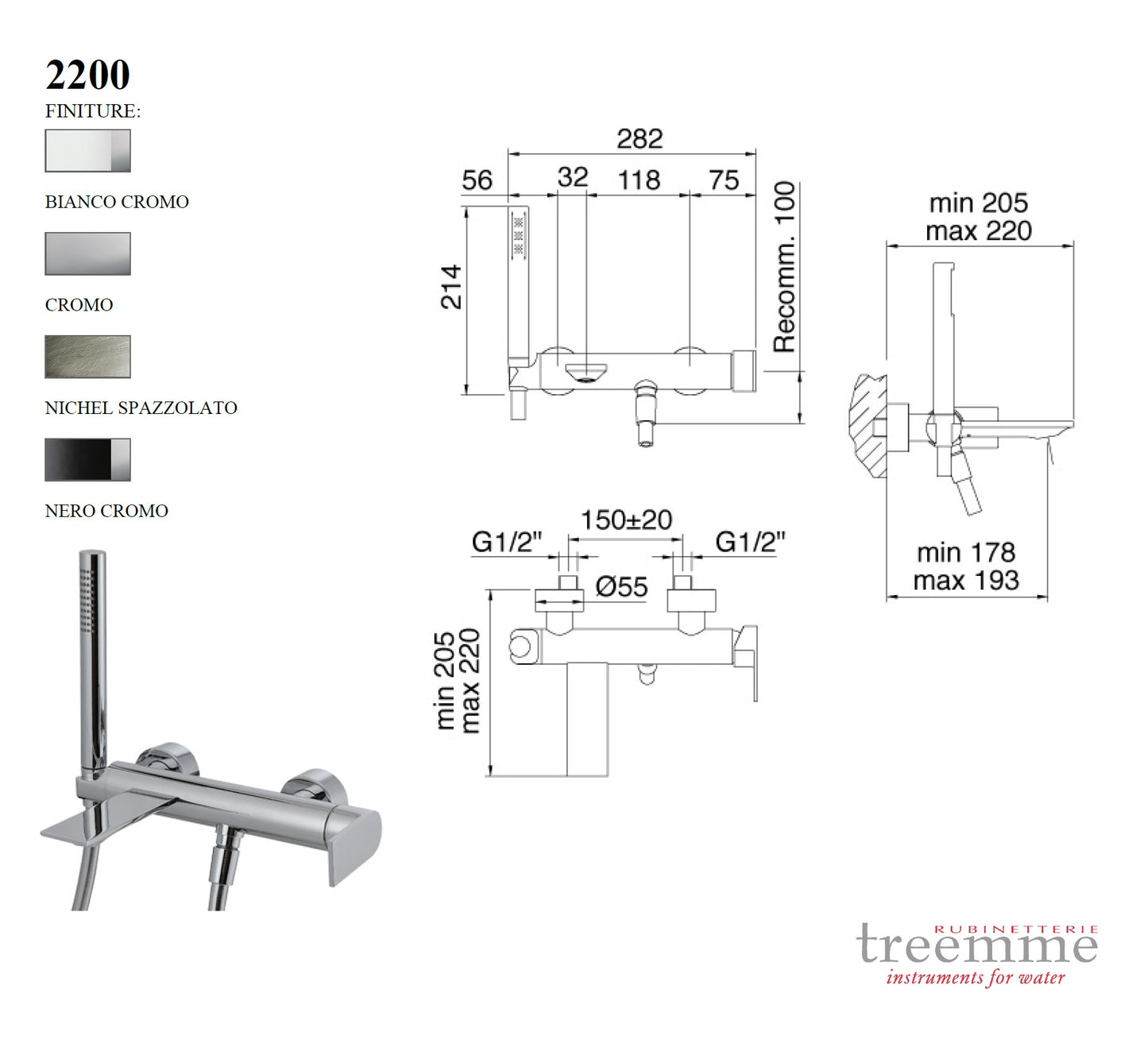 Treemme Ran IT2200CCRNZZ W.M bath & shower mixer w/handshower & shower hose. in Chrome Finish