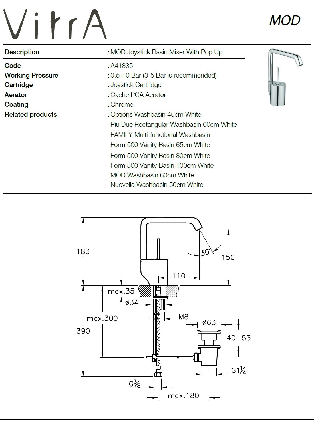 VitrA "MOD Collection" A41835 Basin Mixer + A41836 B&S Mixer