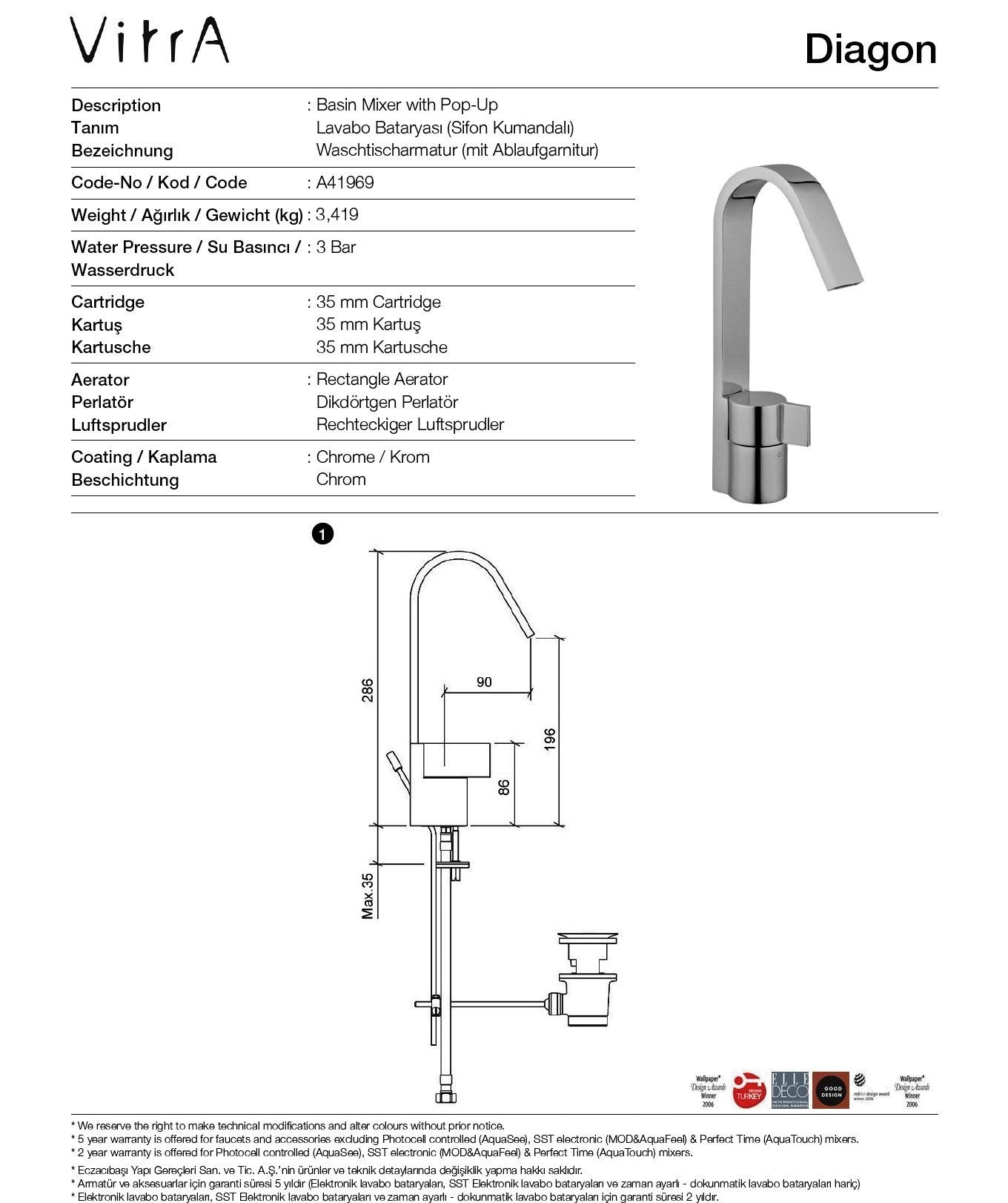 VitrA "Diagon" A41969 Single Lever Basin Mixer w/Cascade Spout & w/Pop-up Waste