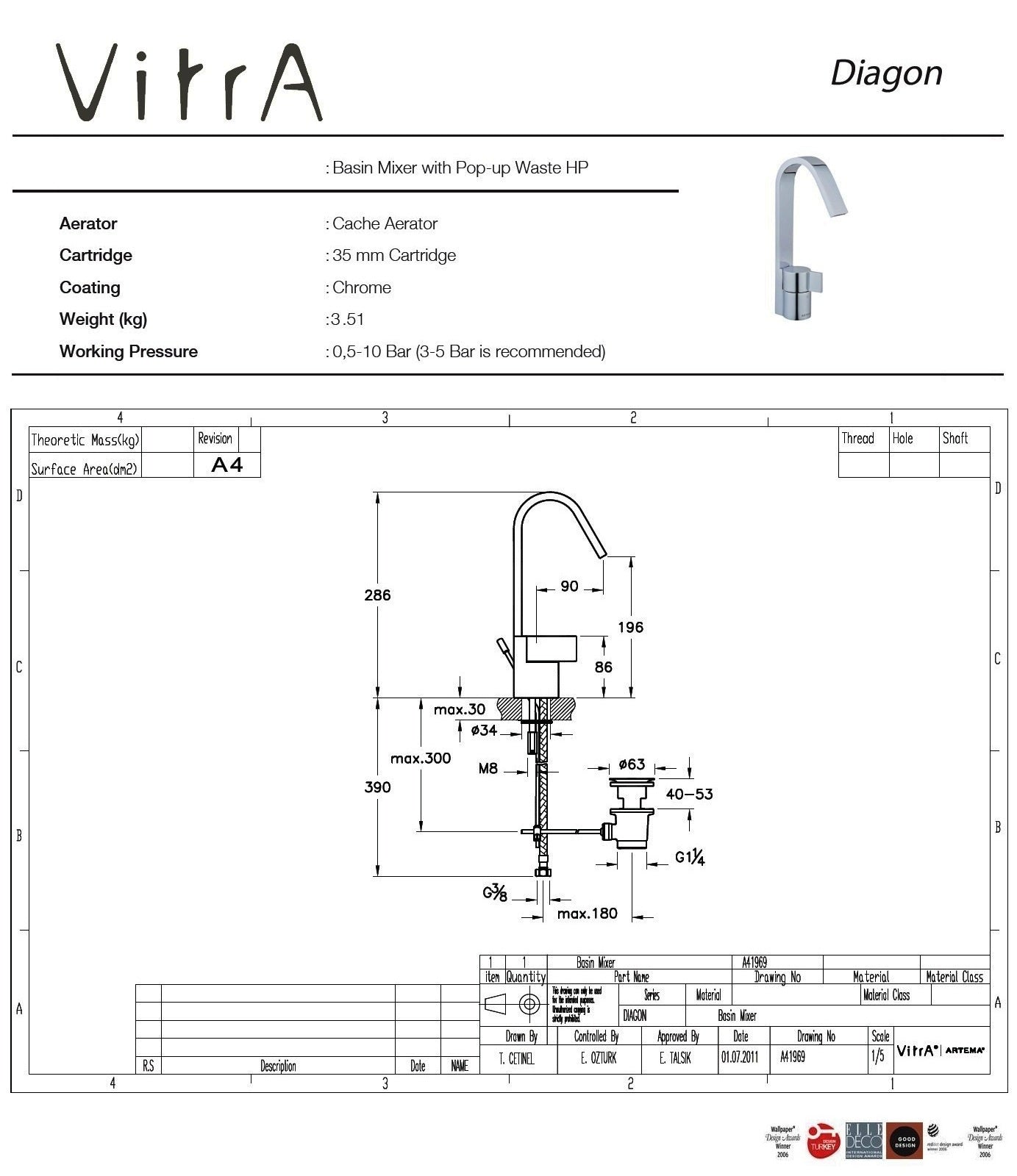 VitrA "Diagon" A41969 Single Lever Basin Mixer w/Cascade Spout & w/Pop-up Waste