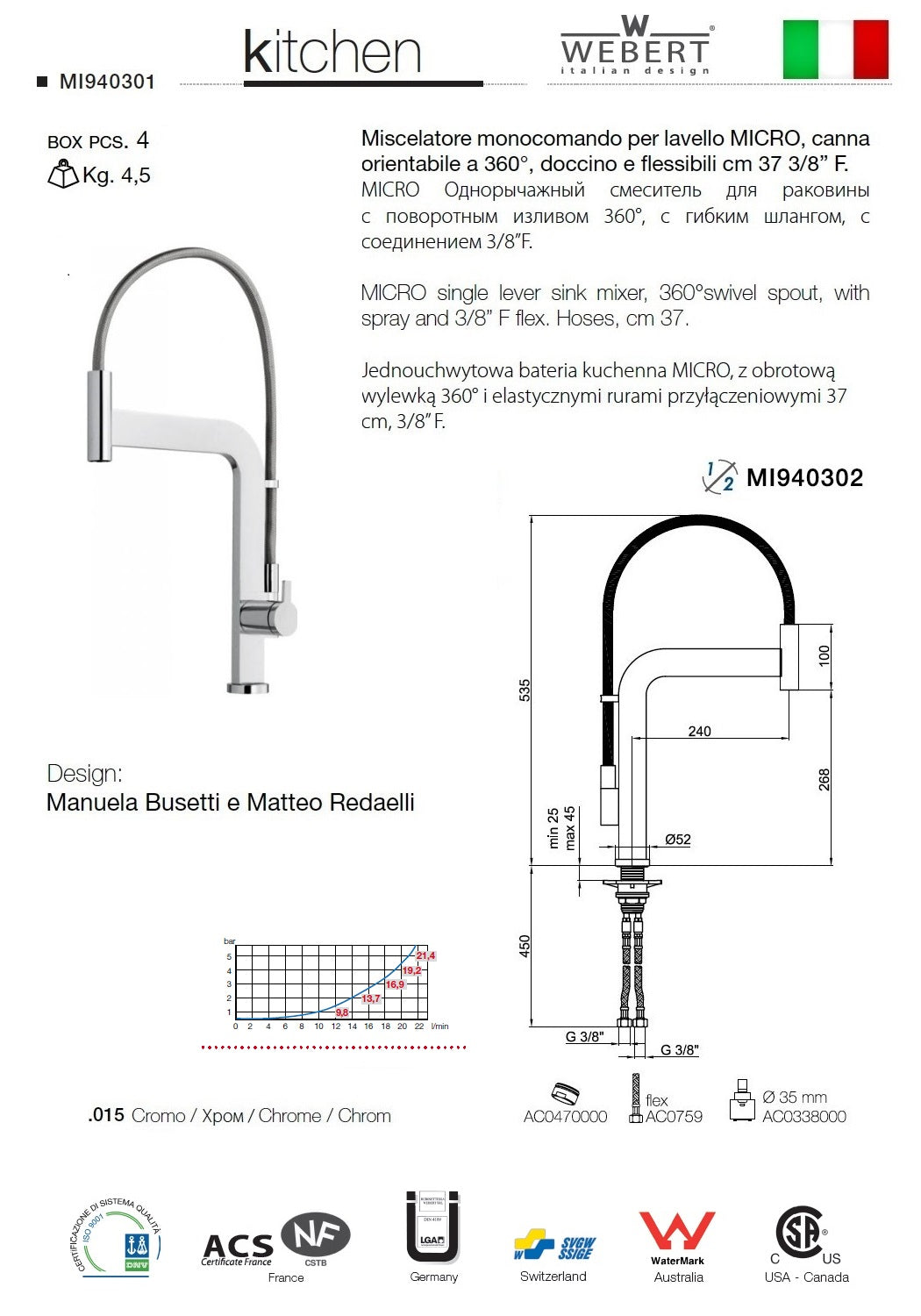 Webert MICRO MI940301.015 single lever sink mixer w/360° swivel spout, spray