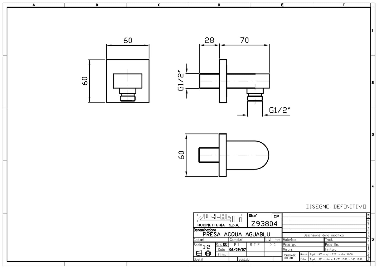 Zucchetti Aguablu Z93804 W.M Brass Wall Elbow w/1/2" Hose Connection 60x60mm