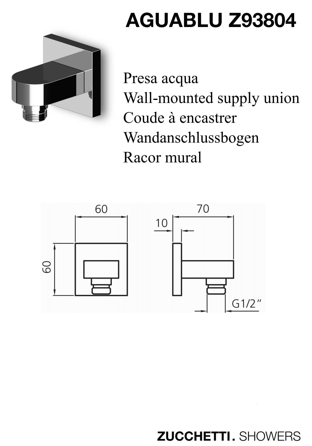 Zucchetti Aguablu Z93804 W.M Brass Wall Elbow w/1/2" Hose Connection 60x60mm