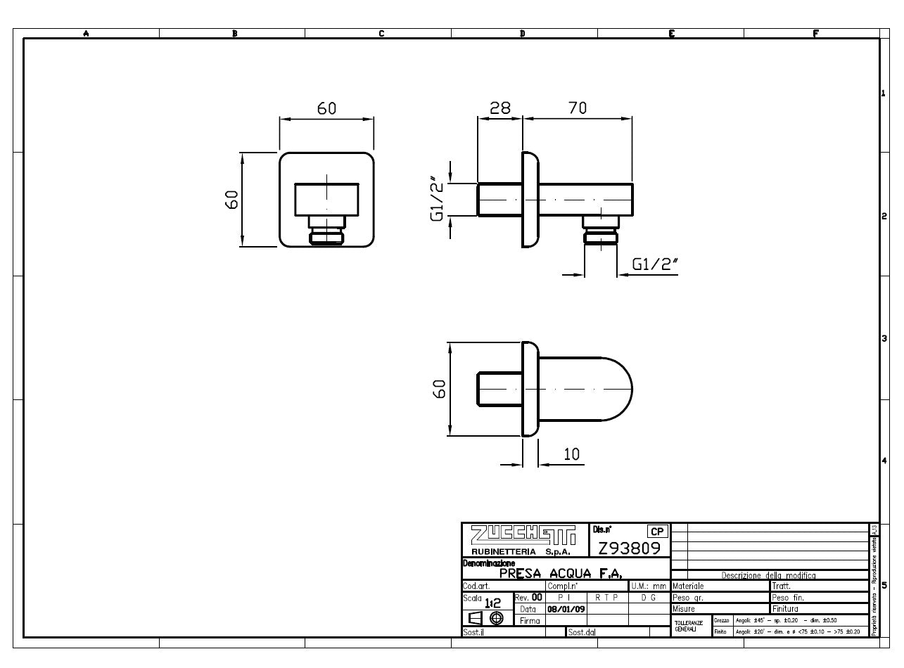 Zucchetti "Faraway Collection" Z93809 metal wall outlet elbow 1/2" x 1/2"