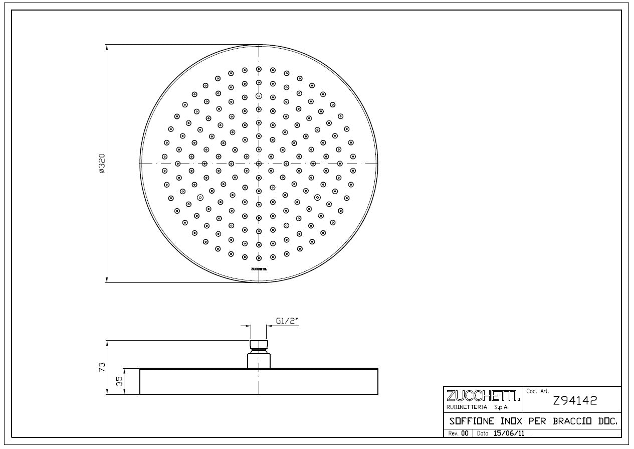 Zucchetti Z94142 Wall or Ceiling Mounted Stainless Steel Showerhead Φ320mm