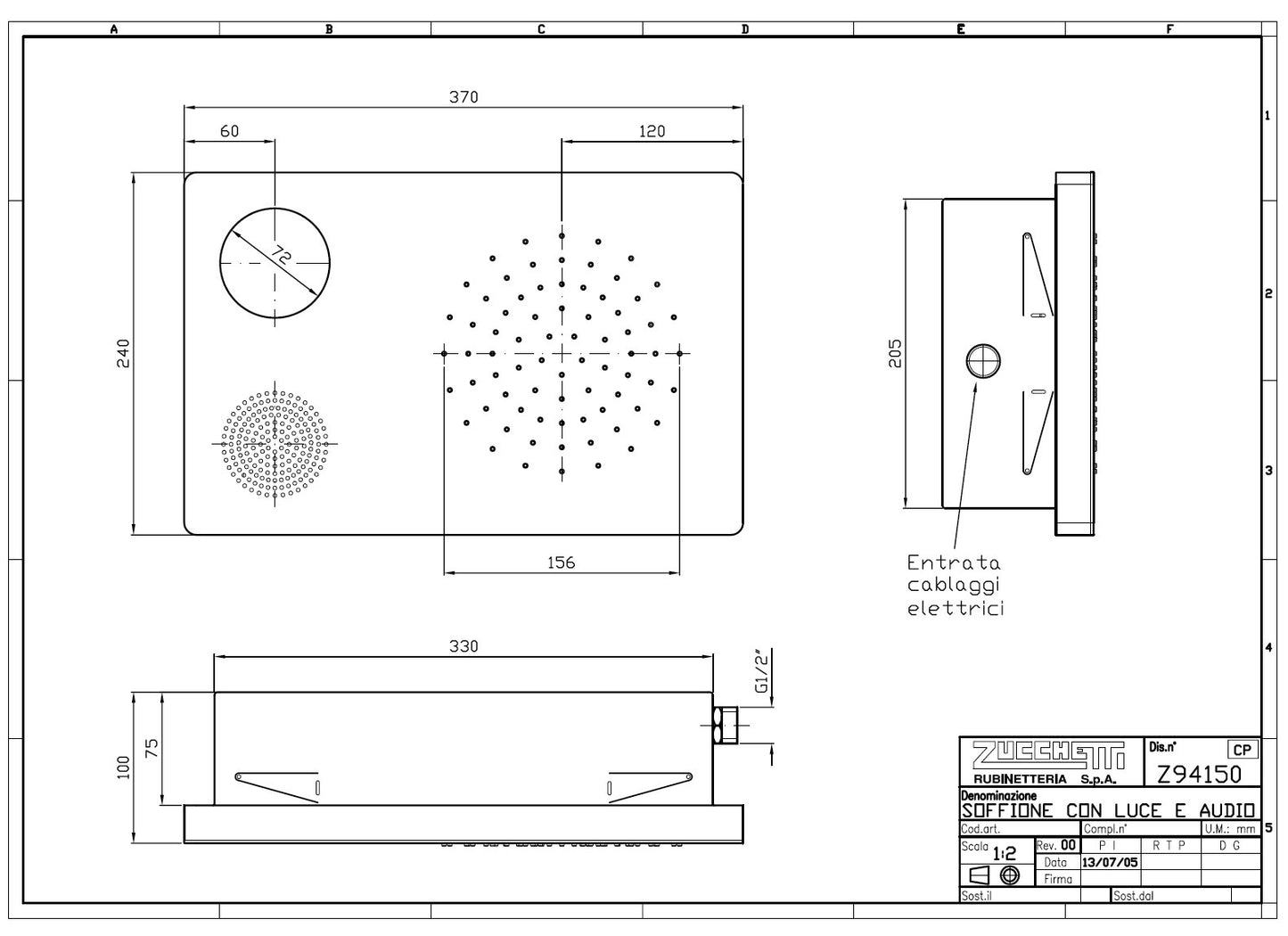 Zucchetti Z94150 Ceiling Mounted S.S Shower Head w/Light & Music w/Control Panel