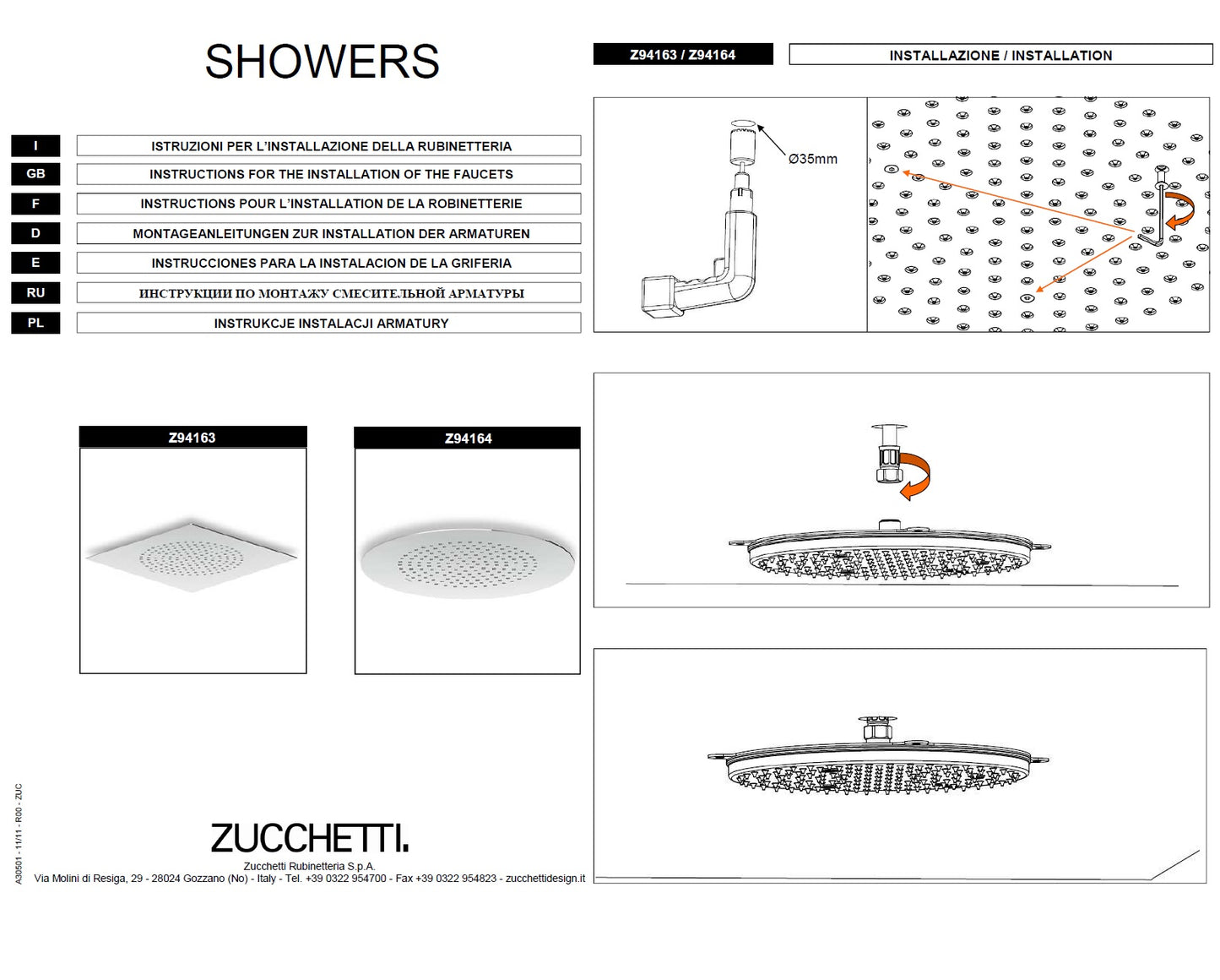 Zucchetti "ShowerPlus" Z94163 Stainless Steel Rain Shower Head 350x350mm