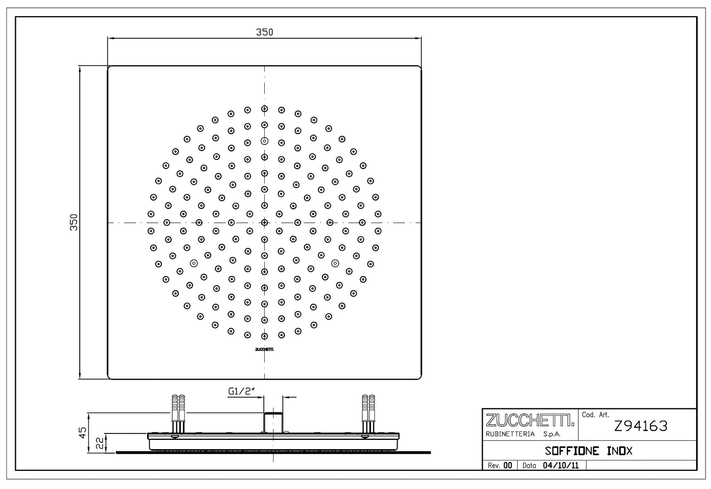 Zucchetti "ShowerPlus" Z94163 Stainless Steel Rain Shower Head 350x350mm